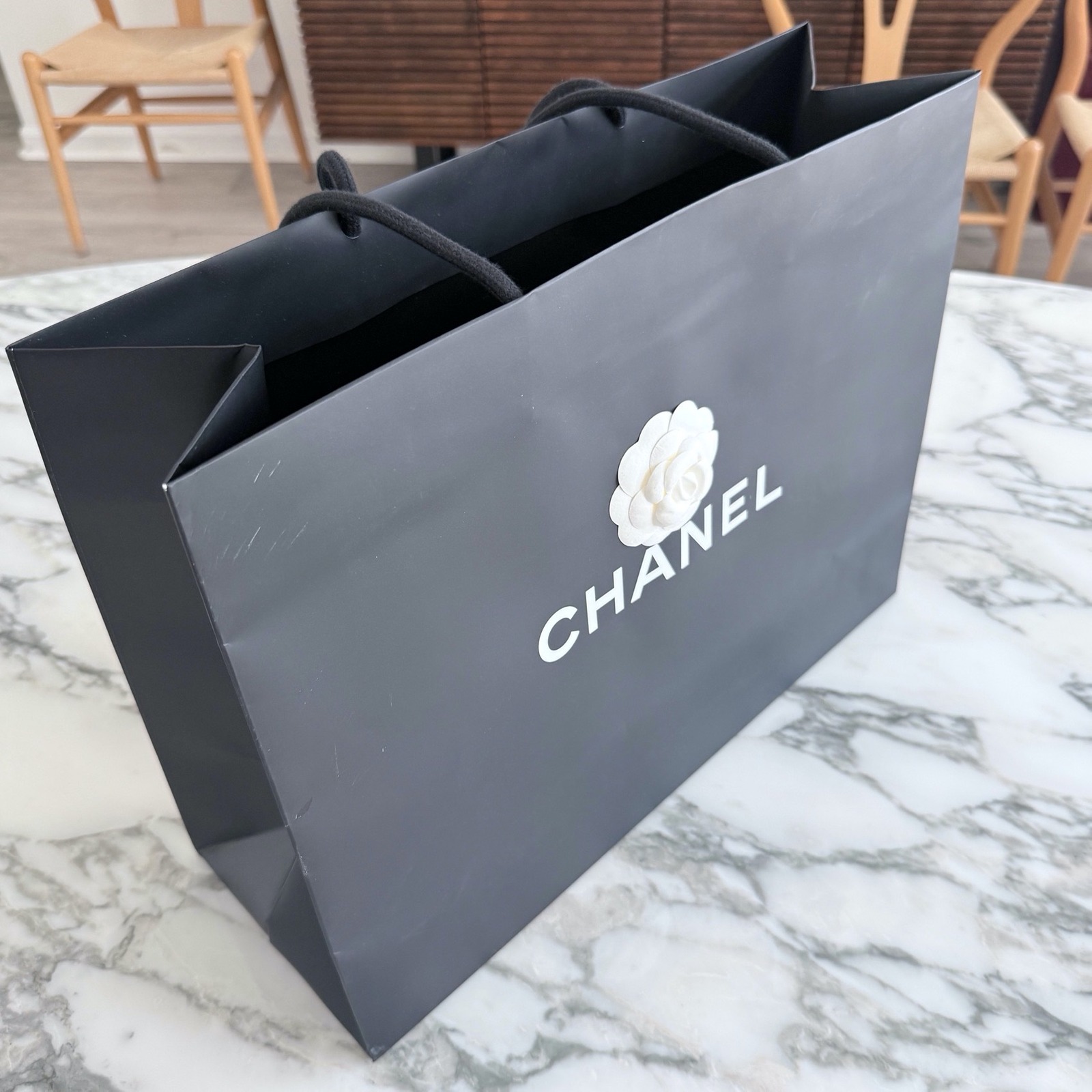 Chanel Black Paper Shopping Bag With White Camellia Flower Large Boutique Tote